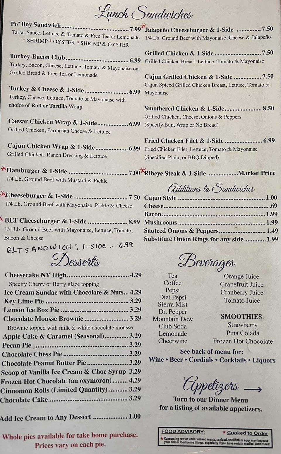 Printed menu page for American restaurant dishes.