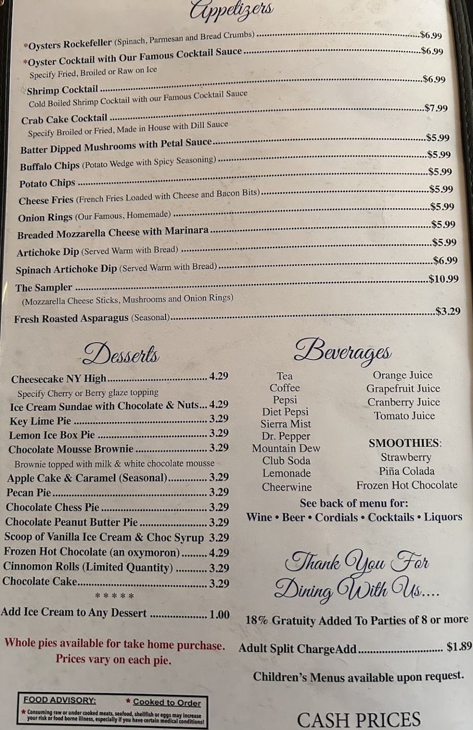 Menu layout showing appetizers and other sections.