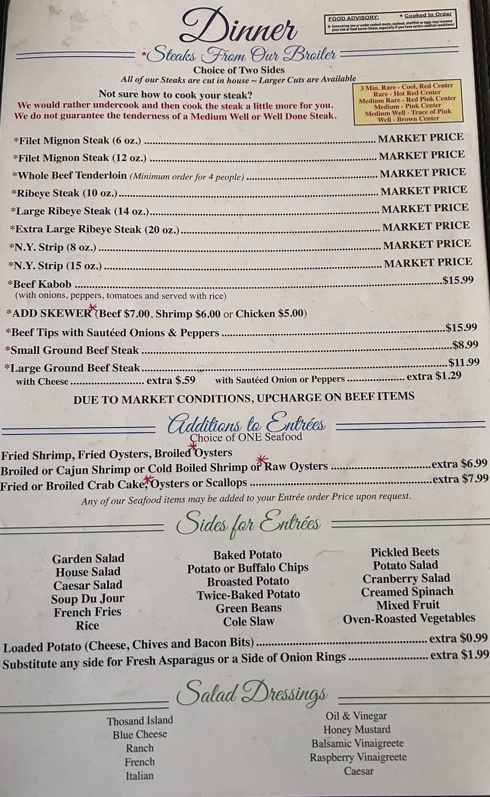 Restaurant menu with classic comfort food choices.